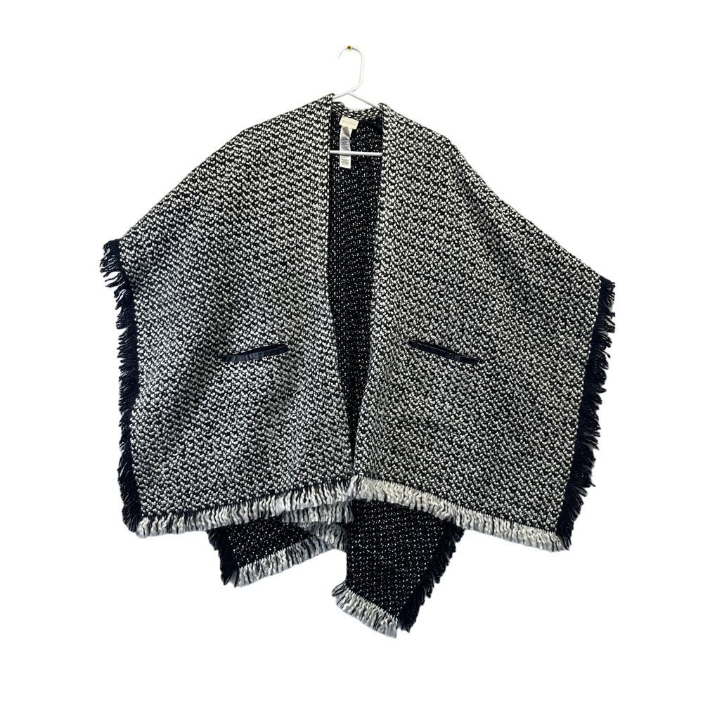 Chicos Black White Wool Blend Fringe Open Front Poncho Wrap OS Dark Academia‎
